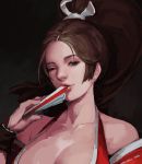  1girl bare_shoulders black_background breasts brown_eyes brown_hair cleavage closed_fan collarbone fan fatal_fury folding_fan high_ponytail in_mouth japanese_clothes large_breasts long_hair looking_at_viewer ninja papppo ponytail revealing_clothes sash shiranui_mai standing the_king_of_fighters winking 