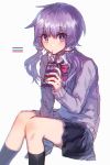  1girl bangs between_legs black_legwear black_skirt blush bow bowtie bright_pupils collared_shirt color_guide commentary danjou_sora drinking_straw eyebrows_visible_through_hair feet_out_of_frame hair_ornament hand_between_legs holding kneehighs long_sleeves miniskirt pleated_skirt purple_hair purple_sweater red_bow red_neckwear shiny shiny_hair shirt short_hair_with_long_locks sidelocks simple_background sitting skirt solo sweater violet_eyes vocaloid voiceroid white_background wing_collar yuzuki_yukari 