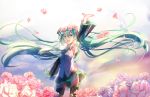  1girl :d absurdly_long_hair arm_up armpits black_legwear black_skirt cowboy_shot detached_sleeves eyebrows_visible_through_hair field floating_hair flower flower_field green_eyes green_hair green_neckwear grey_shirt hair_between_eyes hair_flower hair_ornament hatsune_miku long_hair miniskirt necktie open_mouth outdoors pink_flower pink_rose pleated_skirt rose see-through_silhouette shiny shiny_hair shirt sketch skirt sleeveless sleeveless_shirt smile solo standing thigh-highs twintails very_long_hair vocaloid zettai_ryouiki 