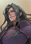  1boy armor aureolin31 blue_eyes brown_background evil_grin evil_smile fire_emblem fire_emblem:_seima_no_kouseki forehead from_below full_armor gradient gradient_background grey_hair grin highres long_hair looking_at_viewer looking_down male_focus nintendo nose parted_lips pauldrons sidelocks signature smile teeth upper_body valter wavy_hair 