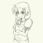  1girl blush braid collared_shirt crossed_arms grey_background greyscale hair_between_eyes hair_over_shoulder holding monochrome paddle pas_(paxiti) sasorida_sachiko shakunetsu_no_takkyuu_musume shirt short_sleeves simple_background sketch smile solo spot_color table_tennis_paddle upper_body v-shaped_eyebrows wing_collar 