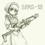  1girl apron bow bowtie closed_mouth eyebrows_visible_through_hair frills grey_background greyscale gun highres holding holding_gun holding_weapon juliet_sleeves long_sleeves maid maid_apron maid_headdress monochrome original pas_(paxiti) puffy_sleeves short_hair shotgun simple_background solo spas-12 standing trigger_discipline weapon 