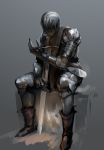  1other androgynous armor breastplate chainmail commentary english_commentary full_armor gauntlets greaves grey_background helmet knight medieval nisetanaka original planted_sword planted_weapon sitting solo sword weapon 