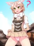  1girl ? animal_ears black-backed_jackal_(kemono_friends) blush bow bowtie brown_hair commentary_request covered_nipples elbow_gloves extra_ears eyebrows_visible_through_hair gloves green_eyes highres jackal_ears jackal_tail kemono_friends lifted_by_self multicolored_hair open_mouth panties pink_panties shirt short_hair short_sleeves skirt smile solo totokichi underwear white_shirt 