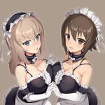 2girls :d absurdres alternate_costume apron bangs bare_shoulders blue_eyes blush breasts brown_eyes brown_hair cleavage curcumin detached_collar elbow_gloves enmaided eyebrows_visible_through_hair frills girls_und_panzer gloves hair_between_eyes hand_holding highres interlocked_fingers itsumi_erika large_breasts light_brown_hair long_hair looking_at_viewer maid maid_headdress multiple_girls nishizumi_maho open_mouth ribbon shiny shiny_hair short_hair smile upper_body waist_apron white_gloves 