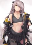  1girl armband bangs black_legwear black_skirt blush bra breasts collarbone cowboy_shot exoskeleton eyebrows_visible_through_hair girls_frontline grey_bra grey_hair gun h&amp;k_ump h&amp;k_ump45 hair_between_eyes hair_ornament hair_over_one_eye headgear heckler_&amp;_koch highres hiroki_ree holding holding_gun holding_weapon hood hood_down hooded_jacket jacket long_hair looking_at_viewer mod3_(girls_frontline) navel off_shoulder one-eyed one_side_up open_clothes open_jacket open_shirt pantyhose parted_lips pleated_skirt scar scar_across_eye shirt sidelocks signature skindentation skirt small_breasts smile sports_bra stomach submachine_gun thigh_strap toned trigger_discipline ump45_(girls_frontline) underwear weapon white_shirt yellow_eyes 