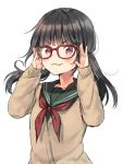  1girl :3 adjusting_eyewear arms_up bangs black_hair blunt_bangs blush brown_cardigan cardigan commentary_request doyagao eyebrows_visible_through_hair fang fang_out fingernails glasses green_sailor_collar green_shirt long_hair long_sleeves looking_at_viewer low_twintails midorikawa_you neckerchief original red-framed_eyewear red_eyes red_neckwear sailor_collar school_uniform serafuku shirt simple_background sleeves_past_wrists smug solo twintails upper_body v-shaped_eyebrows white_background 