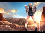  1girl 2018 ass backpack bag black_hair clouds dated forest from_behind letterboxed long_hair nature panties river skirt skirt_lift sky solo sunrise tiptoes ugeppa underwear 