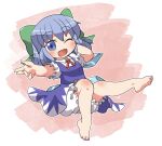  1girl barefoot bloomers blue_dress blue_eyes blue_hair blush bow cirno collared_shirt dress fang frilled_sleeves frills full_body green_bow hair_between_eyes hair_bow one_eye_closed open_mouth rokugou_daisuke shirt short_hair short_sleeves signature smile solo touhou underwear white_bloomers white_shirt 