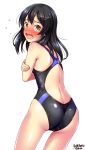  1girl artist_name ass back black_hair black_swimsuit blush competition_swimsuit covering crossed_arms dated embarrassed flat_chest hair_between_eyes hair_ornament hairclip highres kantai_collection long_hair looking_at_viewer looking_back nose_blush one-piece_swimsuit open_mouth oyashio_(kantai_collection) simple_background solo standing sweatdrop swimsuit tears tsuchimiya wavy_mouth white_background yellow_eyes 