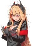  1girl blonde_hair breasts cleavage girls_frontline long_hair looking_down m4_sopmod_ii_(girls_frontline) open_mouth red_eyes sd_bigpie simple_background solo sopmod sweat tagme white_background 