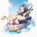  1girl ahoge bikini black_bikini blue_eyes blue_sky blush breasts brown_hair copyright_request cup day drink drinking_straw flower hair_flower hair_ornament highres holding holding_cup iiiroha looking_at_viewer navel outdoors rubber_duck sandals ship sitting sky small_breasts soaking_feet super_soaker swimsuit thigh_strap torpedo turret under_boob watercraft yellow_footwear 