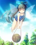  1girl ^_^ alternate_hairstyle bangs bare_arms bare_legs bare_shoulders barefoot black_hair blue_bow blue_sky blue_swimsuit blush bow breasts chima_q closed_eyes closed_eyes collarbone commentary_request competition_swimsuit day eyebrows_visible_through_hair facing_viewer fairy_wings flying food fruit full_body hair_bow holding light_rays long_hair long_ponytail net one-piece_swimsuit outdoors ponytail sky small_breasts smile solo star_sapphire swimsuit thigh_gap thighs touhou tree v_arms very_long_hair watermelon wings 