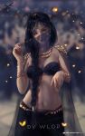  1girl artist_name black_hair blurry blurry_background breasts copyright_name ghostblade green_eyes head_tilt highres long_hair looking_at_viewer medium_breasts navel solo standing wlop 