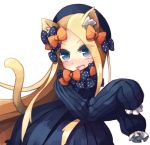  1girl :3 :d abigail_williams_(fate/grand_order) animal_ear_fluff animal_ears bangs black_bow black_dress black_hat blonde_hair blue_eyes blush bow cat_ears cat_girl cat_tail commentary_request dress eyebrows_visible_through_hair fang fate/grand_order fate_(series) hair_bow hands_up hat head_tilt kemonomimi_mode long_hair long_sleeves looking_at_viewer open_mouth orange_bow parted_bangs polka_dot polka_dot_bow simple_background sleeves_past_fingers sleeves_past_wrists smile solo sorrau tail v-shaped_eyebrows very_long_hair whiskers white_background 