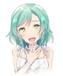  1girl :d aqua_hair bang_dream! bow choker green_eyes hair_bow hand_to_own_mouth hand_up hikawa_hina komachi_narota open_mouth short_hair side_braids simple_background smile solo upper_body white_background white_bow white_choker white_wristband wristband 