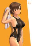  1girl black_swimsuit blush breasts brown_eyes brown_hair closed_mouth eyebrows_visible_through_hair gradient hair_between_eyes highres hiryuu_(kantai_collection) kantai_collection large_breasts looking_at_viewer short_hair smile solo swimsuit twitter_username wa_(genryusui) 