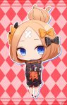  1girl abigail_williams_(fate/grand_order) argyle argyle_background bangs big_head black_bow black_jacket blonde_hair blue_eyes blush bow chibi commentary_request crossed_bandaids fate/grand_order fate_(series) full_body hair_bow hair_bun heroic_spirit_traveling_outfit highres jacket long_hair long_sleeves looking_at_viewer object_hug orange_bow parted_bangs parted_lips polka_dot polka_dot_bow red_footwear saki_usagi shoes signature sleeves_past_fingers sleeves_past_wrists solo standing stuffed_animal stuffed_toy teddy_bear 