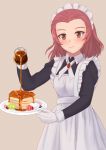  1girl alternate_costume apron blush brown_eyes enmaided food food_request fruit girls_und_panzer gloves highres huniend maid maid_apron maid_headdress pancake pink_hair rosehip short_hair smile solo syrup tan_background white_gloves 