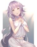  1girl bandage character_request collarbone dies_irae floating_hair hands_clasped long_hair looking_up open_mouth own_hands_together pants shirt silver_hair sitting sleeveless sleeveless_shirt solo takana_(kurubushisan) very_long_hair white_pants white_shirt yellow_eyes 