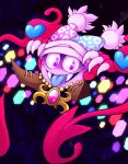 1boy absurdres blue_tongue circle claws commentary crazy_eyes crazy_smile dark_background fangs floating hagalaz hat heart hexagon highres jester_cap jewelry kirby_(series) kirby_super_star_ultra marx_soul necklace nintendo no_humans pale_skin purple_wings saliva scales shaded_face smile solo tongue tongue_out triangle violet_eyes wings 