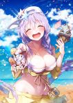  1girl :d ^_^ bb_(fate)_(all) bb_(swimsuit_mooncancer)_(fate) beach blue_sky blush braid breasts character_name closed_eyes closed_eyes clouds collarbone day eyebrows_visible_through_hair fate_(series) food hat highres ice_cream kanola_u large_breasts long_hair navel ocean open_mouth purple_hair single_braid sky smile solo star swimsuit white_hat 