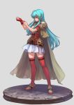  1girl adjusting_clothes adjusting_gloves aqua_eyes aqua_hair armor aureolin31 breastplate brown_cape closed_mouth commentary_request earrings eirika eyebrows_visible_through_hair faulds faux_figurine fingerless_gloves fire_emblem fire_emblem:_seima_no_kouseki gloves highres jewelry long_hair miniskirt nintendo pauldrons red_footwear red_gloves red_legwear red_shirt shirt shoes short_sleeves shoulder_armor sidelocks signature single_fingerless_glove single_glove skirt solo thigh-highs very_long_hair zettai_ryouiki 
