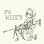  1girl apron blush bow bowtie closed_mouth eyebrows_visible_through_hair frills grey_background greyscale gun highres holding holding_gun holding_weapon imi_negev juliet_sleeves loafers long_sleeves machine_gun maid maid_apron maid_headdress monochrome one_knee original pas_(paxiti) puffy_sleeves shoes short_hair simple_background solo trigger_discipline weapon 