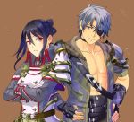  1boy 1girl armor blush eyepatch gloves jacket long_hair looking_at_viewer meleph_(xenoblade) military military_uniform nintendo ooshima_aki pauldrons reverse_trap short_hair silver_hair simple_background smile uniform white_background xenoblade_(series) xenoblade_2 zeke_b_arutimetto_genbu 