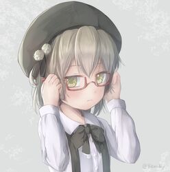  1girl adjusting_eyewear arms_up bangs beret bespectacled black_bow black_hat black_ribbon blush bow brown_hair closed_mouth collared_shirt commentary_request dress_shirt eyebrows_visible_through_hair glasses green_eyes grey_background hair_between_eyes hat hatoba_tsugu hatoba_tsugu_(character) highres hikari_niji long_sleeves pom_pom_(clothes) red-framed_eyewear ribbon semi-rimless_eyewear shirt solo twitter_username under-rim_eyewear virtual_youtuber white_shirt 