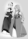  2girls breasts cape commentary_request dress earrings eirika female_my_unit_(fire_emblem_if) fire_emblem fire_emblem:_seima_no_kouseki fire_emblem_heroes fire_emblem_if gloves greyscale jewelry long_hair mamkute monochrome multiple_girls my_unit_(fire_emblem_if) negiwo nintendo pointy_ears smile 