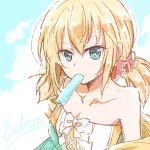  1girl bangs bare_shoulders blonde_hair blue_eyes bow character_name collarbone edna_(tales) eyebrows_visible_through_hair flat_chest food hair_between_eyes looking_at_viewer mishiro_(andante) popsicle short_hair short_twintails solo tales_of_(series) tales_of_zestiria twintails white_bow 