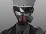  1boy 89_(senjuushi) black_eyes broken_glass broken_mask brown_hair choker gas_mask glass hat looking_at_viewer male_focus military military_uniform peaked_cap shizu_(9394marimo) short_hair soldier solo spot_color uniform 