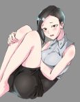  1girl :o bare_legs barefoot black_eyes black_hair black_skirt blush boku_no_hero_academia breasts commentary feet_out_of_frame grey_shirt hand_on_own_leg jirou_mika knees_up leg_hug looking_at_viewer medium_breasts medium_hair pencil_skirt shirt sitting skirt sleeveless sleeveless_shirt solo 