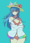  1girl absurdres ai_ken alternate_costume bangs bare_shoulders bikini bikini_top black_hat blue_background blue_eyes blue_hair breasts cardigan cleavage closed_mouth clothes_tug collarbone food fruit hair_between_eyes hat highres hinanawi_tenshi leaf long_hair long_sleeves looking_at_viewer off_shoulder open_clothes peach rainbow_order red_bikini simple_background smile solo standing sweater sweater_tug swimsuit touhou upper_body very_long_hair 