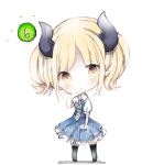  1girl bangs black_legwear blonde_hair blue_dress blush brown_eyes brown_footwear chibi closed_mouth collared_shirt copyright_request cottontailtokki curled_horns dress eyebrows_visible_through_hair full_body head_tilt horns parted_bangs pleated_dress puffy_short_sleeves puffy_sleeves shirt short_sleeves smile solo sparkle standing strapless strapless_dress thigh-highs twintails white_background white_shirt 