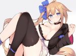  1girl ankle_ribbon black_bra black_legwear black_panties blue_eyes blush bow bra breasts brown_hair choker cleavage commentary_request dress fal_(girls_frontline) girls_frontline grey_background hair_bow haruyuki_(yukichasoba) knees_together_feet_apart large_breasts long_hair off_shoulder panties ribbon short_dress side_ponytail sidelocks simple_background single_thighhigh solo thigh-highs thighlet unaligned_breasts underwear very_long_hair white_dress 