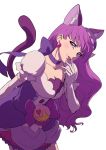  1girl :p animal_ears cat_ears cat_tail choker collarbone cure_macaron earrings elbow_gloves food_themed_hair_ornament gloves hair_ornament jewelry kirakira_precure_a_la_mode kotozume_yukari long_hair looking_at_viewer macaron_hair_ornament magical_girl precure purple_choker purple_hair simple_background solo tail tongue tongue_out uyoshi white_background white_gloves 
