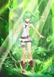  1girl animal animal_on_shoulder anklet bird_on_shoulder black_shorts choker collarbone day eyebrows_visible_through_hair floating_hair forest full_body green_eyes green_hair hair_between_eyes hair_ornament high_ponytail highres holding holding_staff jewelry long_hair looking_at_viewer mizutama_(mizutamalion) nature necklace outdoors shirt short_shorts shorts sleeveless sleeveless_shirt smile solo staff standing thighlet tree white_shirt winda_priestess_of_gusto yu-gi-oh! 
