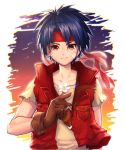  1boy belt blue_hair closed_mouth commentary_request denim gloves headband jacket looking_at_viewer male_focus natto0123 red_headband red_vest rody_roughnight short_hair solo vest wild_arms wild_arms_1 