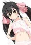  1girl bangs black_hair blush closed_mouth deza hair_ribbon highres idolmaster idolmaster_cinderella_girls long_hair looking_at_viewer matoba_risa midriff navel ribbon smile solo stomach twintails white_background yellow_eyes 