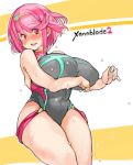  1girl blush breast_hold breasts competition_swimsuit pyra_(xenoblade) large_breasts nintendo one-piece_swimsuit open_mouth red_eyes redhead sachito short_hair solo sweat swimsuit xenoblade_(series) xenoblade_2 