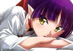  1girl absurdres bangs blush bow choker close-up eyebrows_visible_through_hair eyelashes eyes_visible_through_hair gegege_no_kitarou gem hair_bow highres jewelry lips lipstick long_sleeves looking_at_viewer lying makeup nekomusume nekomusume_(gegege_no_kitarou_6) official_art parted_bangs parted_lips pendant purple_hair scan shimizu_sorato short_hair simple_background solo white_background yellow_eyes 