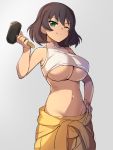  1girl ;) absurdres bangs bare_shoulders breasts brown_hair clothes_around_waist cowboy_shot curcumin dark_skin eyebrows_visible_through_hair girls_und_panzer green_eyes grey_background groin hand_on_hip highres hoshino_(girls_und_panzer) large_breasts looking_at_viewer mallet navel one_eye_closed short_hair simple_background smile solo standing under_boob 