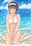  1girl alternate_hair_length alternate_hairstyle bangs bare_arms bare_shoulders barefoot between_legs bikini black_hair blue_sky blush breasts brown_eyes cleavage clouds collarbone day eyebrows_visible_through_hair girls_und_panzer hairband hand_between_legs highres huniend lens_flare medium_breasts navel ocean outdoors partially_submerged reizei_mako short_hair sitting skindentation sky solo swimsuit thighs wariza water wet white_bikini white_hairband 