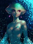  1girl artist_name bald bare_shoulders bellhenge blue_dress blue_skin breasts cleavage commentary dress earrings english_commentary extra_eyes fish_girl jewelry lips medium_breasts monster_girl nintendo pointy_ears princess_ruto solo strapless the_legend_of_zelda the_legend_of_zelda:_ocarina_of_time underwater violet_eyes zora 