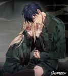  1boy 1girl amputee artist_name bangs biting biting_clothes black_hair blonde_hair blood blood_on_face bloody_clothes bloody_hair brown_footwear closed_eyes closed_mouth crying gearous gilbert_bougainvillea holding_another holding_another&#039;s_head injury low_tied_hair military military_uniform pouch sitting strap tears uniform violet_evergarden violet_evergarden_(character) 