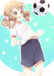  &gt;:d 1girl :d ball blonde_hair commentary_request fang flower gym_shirt gym_shorts gym_uniform hair_flower hair_ornament hairclip highres jumping navel oomuro_sakurako open_mouth shirt shorts smile soccer soccer_ball socks solo toma_(shinozaki) white_legwear yuru_yuri 