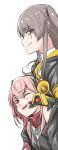  2girls a_bao angry bangs bare_shoulders black_jacket blush brown_eyes commentary_request dinergate_(girls_frontline) eyebrows_visible_through_hair fang from_side girls_frontline grey_hair hair_between_eyes headgear jacket long_hair m4_sopmod_ii_(girls_frontline) megaphone mod3_(girls_frontline) multicolored_hair multiple_girls on_shoulder one_eye_closed one_side_up open_mouth pink_hair red_eyes redhead ro635_(girls_frontline) scar scar_across_eye shirt simple_background smile streaked_hair ump45_(girls_frontline) white_background white_shirt zipper 