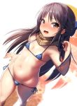  1girl arm_up armpits ass_visible_through_thighs ayagi_daifuku bangs bare_arms bare_shoulders bikini black_hair blue_bikini blue_bow blush bow breasts brown_eyes brown_scarf commentary_request eyebrows_visible_through_hair from_above groin hair_between_eyes hair_bow half_updo hand_in_hair idolmaster idolmaster_cinderella_girls long_hair looking_at_viewer micro_bikini navel nose_blush open_mouth scarf shiny shiny_hair side-tie_bikini sidelocks silhouette small_breasts solo sparkle standing stomach striped striped_scarf swimsuit tachibana_arisu white_background 